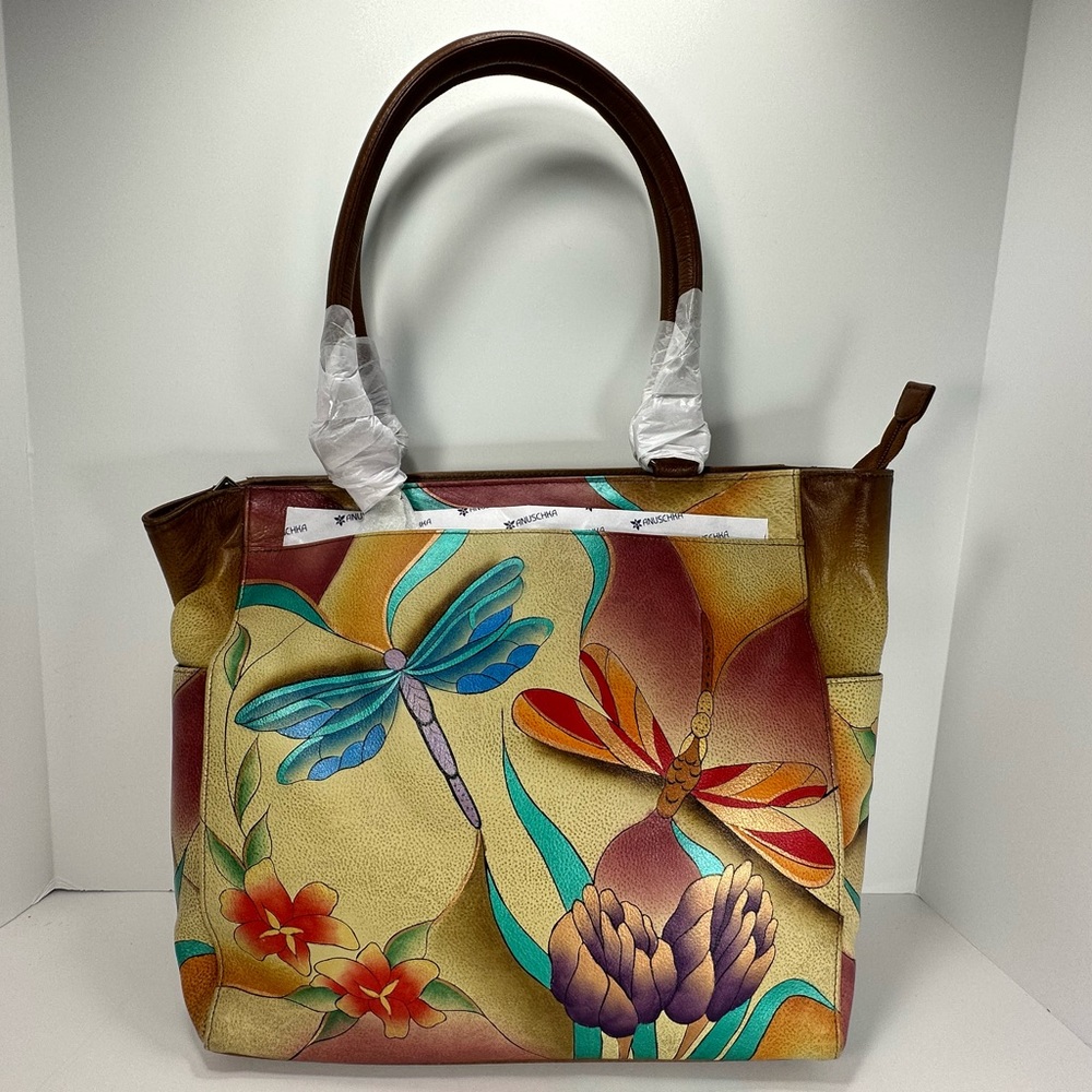 NWT- Anuschka Large Hand Painted Leather Satchel - Tropical Dragonfly Motif